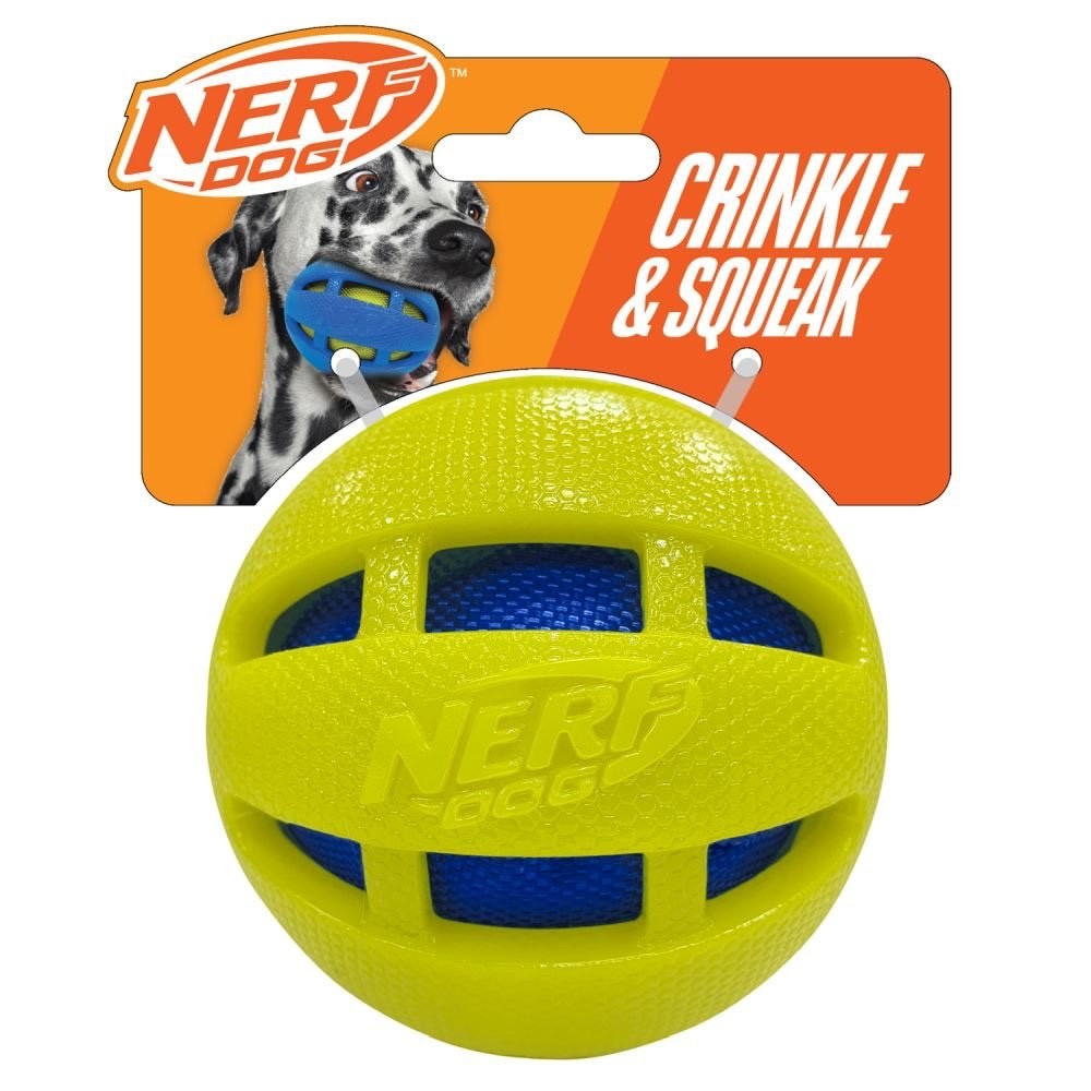 Nerf Dog/Puppy Checker Squeaker & Crunch Ball with Crunch Bag 3.8"